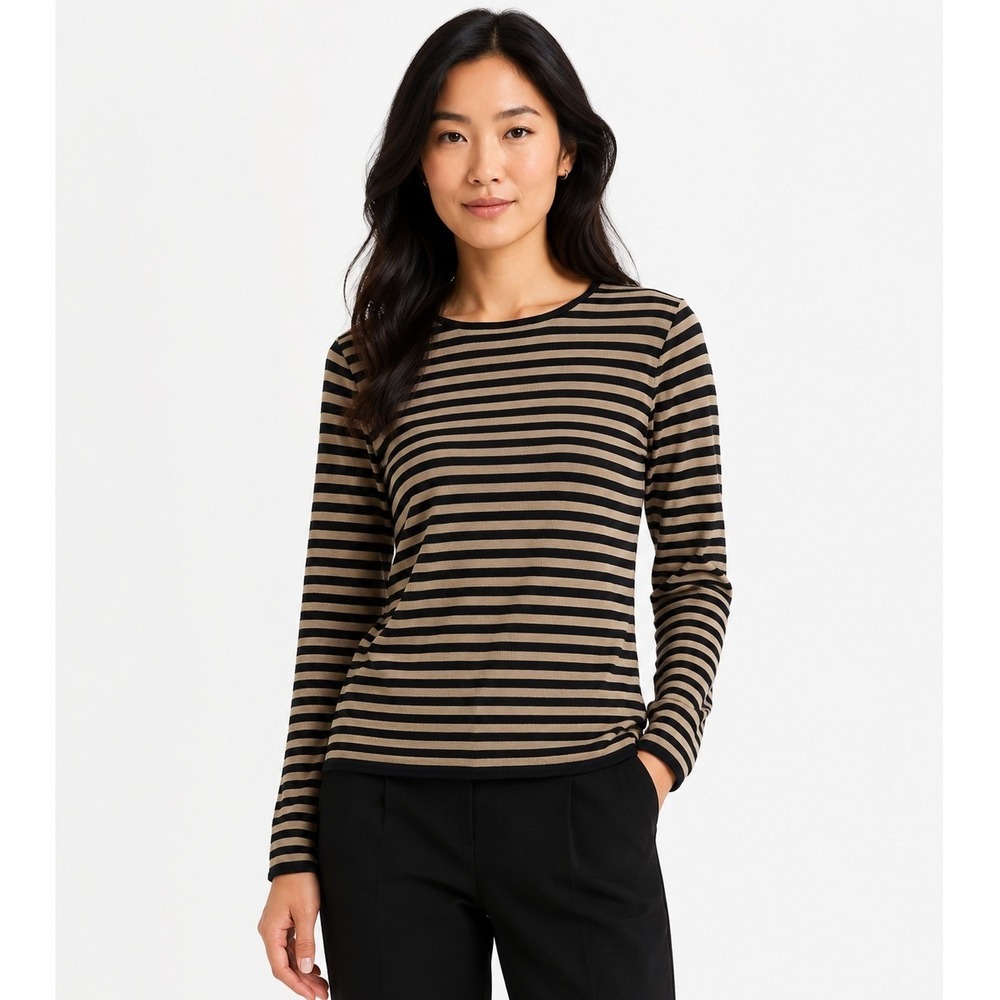 Silx Petites Silk Knit Striped Long Sleeve Top Black Tan Crew Neck Medium Petite